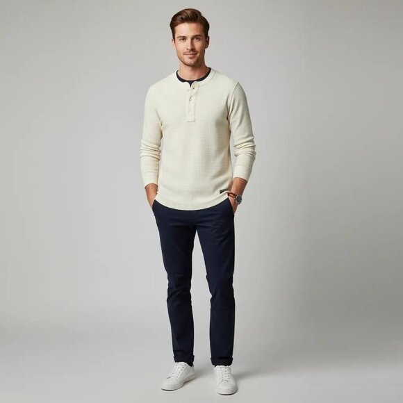 Abercrombie & Fitch Cream Long Sleeve Classic Waffle Henley Shirt Men's Medium - Picture 1 of 13